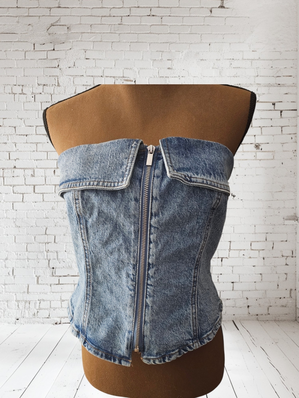 Denim Strapless Zip-Front Corset Top - Light Blue